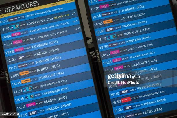 Departures board at Gdansk Lech Walesa Airport in Gdansk, Poland on 11 April 2017