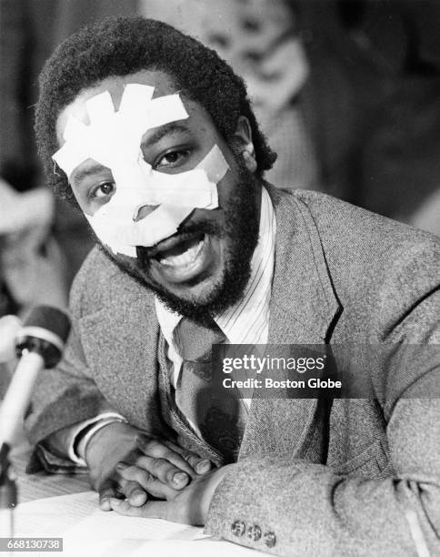 Ted Landsmark speaks during a press conference at Harriet Tubman Hall in Boston on Apr. 7, 1976. Landsmark was beaten by white antibusing...