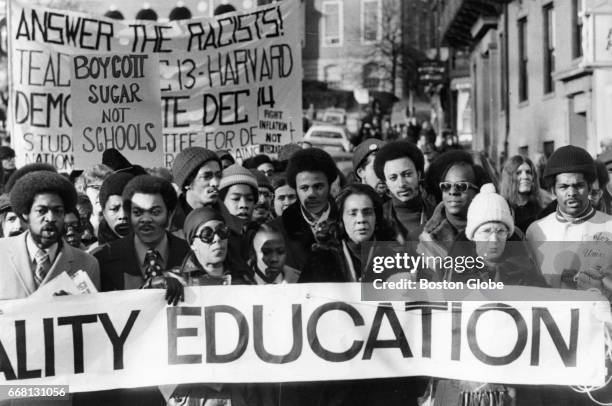 Coretta Scott King leads a march in support of school desegregation down Part Street in Boston on Nov. 30, 1974.