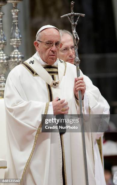 Pope Francis leads the Chrism Mass for Holy Thursday which marks the start of Easter celebrations in St. Peter's Basilica in Vatican City, Vatican....