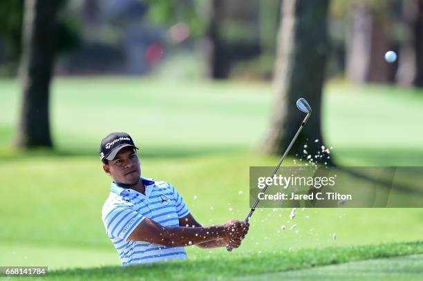 Fabian Gomez of Argentina plays his third shot out of the bunker on the ninth hole during the first round of the 2017 RBC Heritage at Harbour Town...