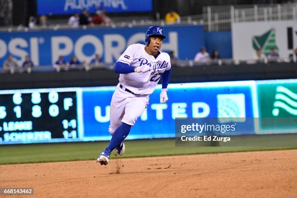 Raul Mondesi of the Kansas City Royals runs to third as he advances against the Oakland Athletics at Kauffman Stadium on April 12, 2017 in Kansas...