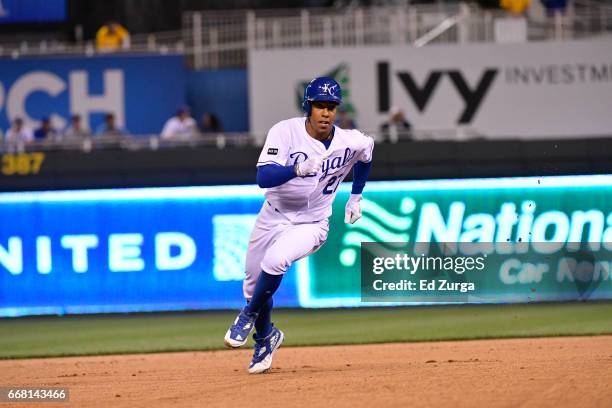 Raul Mondesi of the Kansas City Royals runs to third as he advances against the Oakland Athletics at Kauffman Stadium on April 12, 2017 in Kansas...