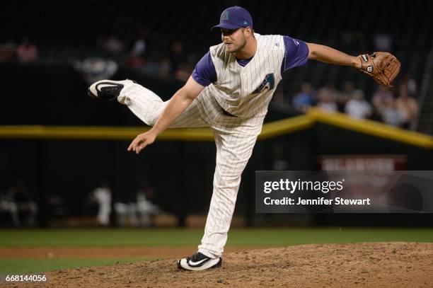 Hoover of the Arizona Diamondbacks delivers a pitch in the ninth inning against the San Francisco Giants at Chase Field on April 6, 2017 in Phoenix,...