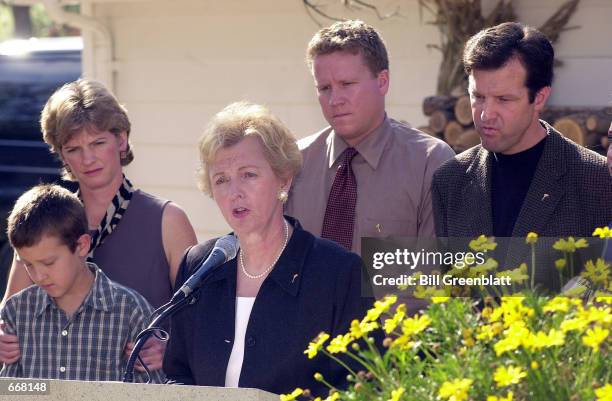 Surrounded by family members on the deck of her home Jean Carnahan, widow of the late Missouri Governor Mel Carnahan, announces October 30, 2000 she...
