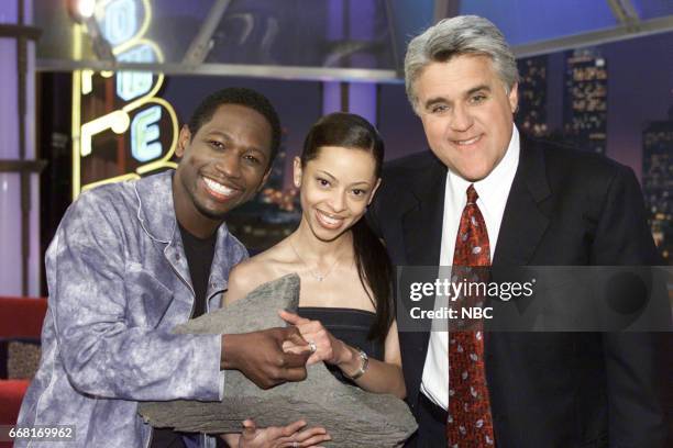 Pictured: Actor Guy Torry and Fiancee Monica Askewposing with Host Jay Leno on June 6th, 2001 --