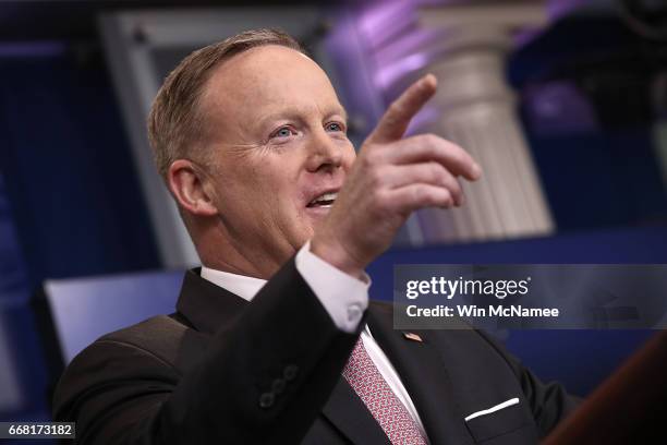 White House press secretary Sean Spicer answers questions during his daily briefing at the White House April 13, 2017 in Washington, DC. Spicer...