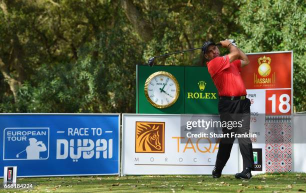 Hennie Otto of South Africa tees off on the 18th hole during the first round on day one of the Trophee Hassan II at Royal Golf Dar Es Salam on April...