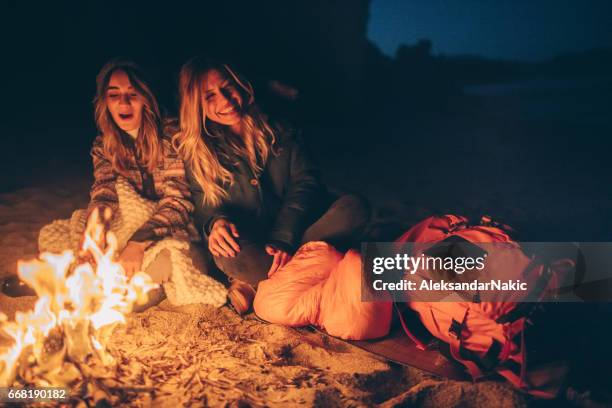 vrienden genieten 's avonds op het strand bij de open haard - beach night stockfoto's en -beelden