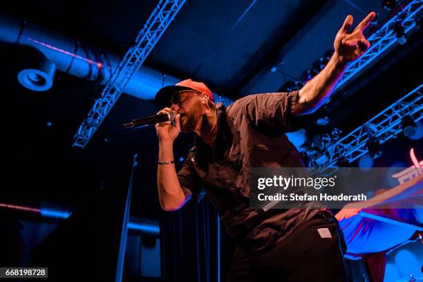 Rapper KC Rebell performs live on stage during a concert at Huxleys Neue Welt on April 13, 2017 in Berlin, Germany.