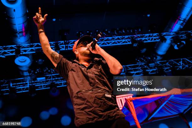 Rapper KC Rebell performs live on stage during a concert at Huxleys Neue Welt on April 13, 2017 in Berlin, Germany.