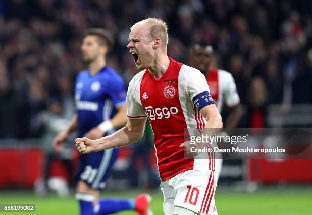 Davy Klaassen of Ajax celebrates after scoring his sides first goal during the UEFA Europa League quarter final first leg match between Ajax...