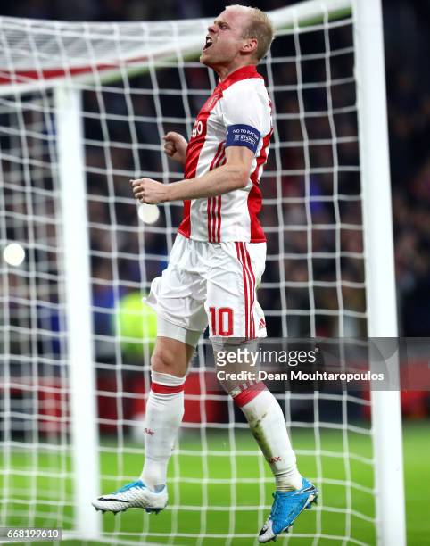 Davy Klaassen of Ajax celebrates after scoring his sides first goal during the UEFA Europa League quarter final first leg match between Ajax...