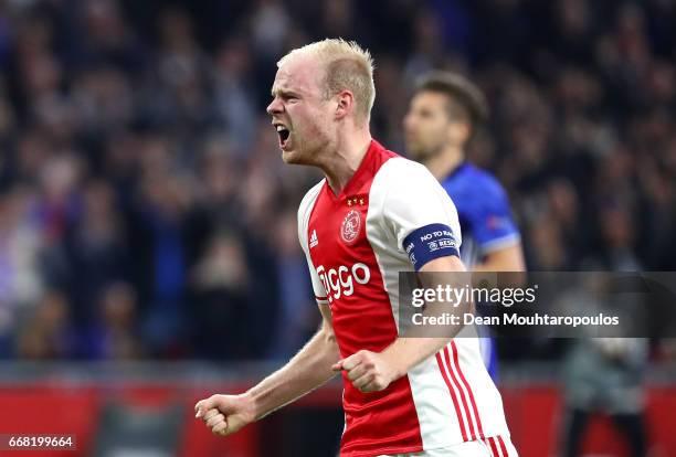 Davy Klaassen of Ajax celebrates after scoring his sides first goal during the UEFA Europa League quarter final first leg match between Ajax...