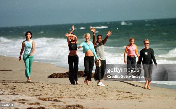 Singers of S Club 7 from left to right Tina Barret, Rachel Stevens, Jo O'' Meara, Bradley Mcintosh, Hannah Spearritt, and Jon Lee, film a TV special,...