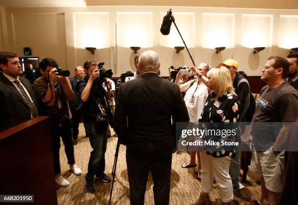 Rep. Joe Barton talks with members of the media following a town hall meeting at Mansfield City Hall on April 13, 2017 in Mansfield, Texas. A...