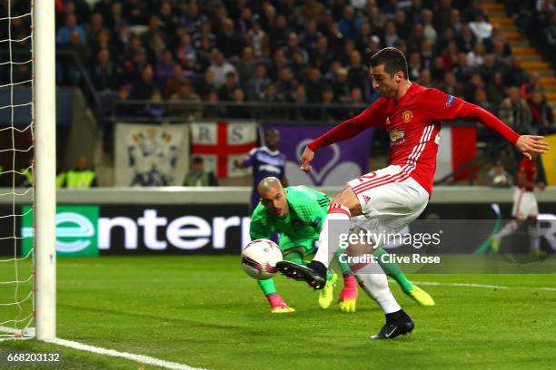 Henrikh Mkhitaryan of Manchester United scores his sides first goal during the UEFA Europa League quarter final first leg match between RSC...