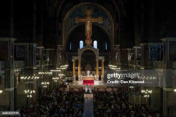 Cardinal Vincent Nichols conducts Maundy Thursday Mass at Westminster Cathedral on April 13, 2017 in London, England. Maundy Thursday marks the start...