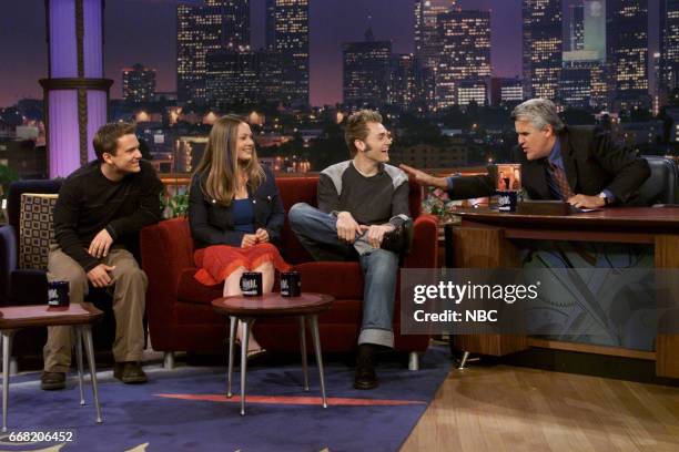 Pictured: Sean and Sara Watkins with Chris Thile from Group Nickel Creek during an interview with Host Jay Leno on June 27th, 2001 --