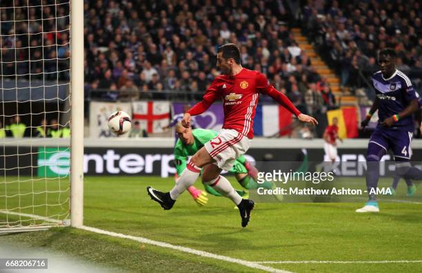 Henrikh Mkhitaryan of Manchester United scores a goal to make it 0-1 during the UEFA Europa League quarter final first leg match between RSC...