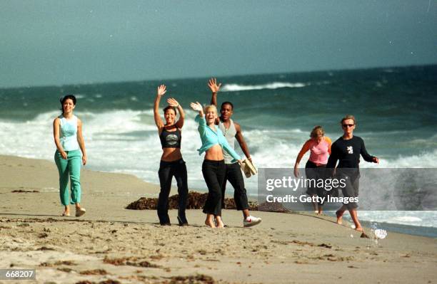 Singers of S Club 7 from left to right Tina Barret, Rachel Stevens, Jo O'' Meara, Bradley Mcintosh, Hannah Spearritt, and Jon Lee, film a TV special,...