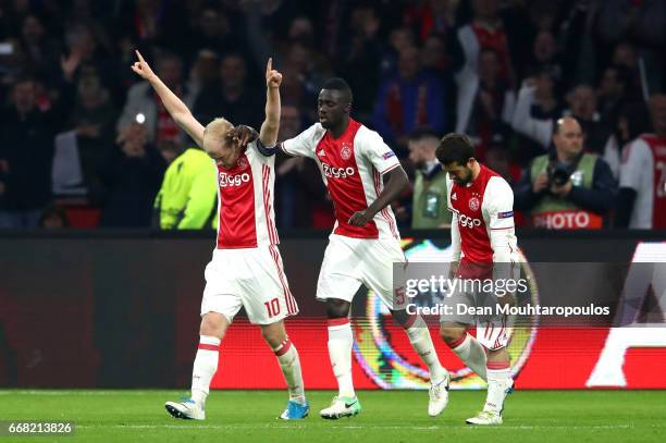 Davy Klaassen of Ajax celebrates with team mates after he scores his and his sides second goal during the UEFA Europa League quarter final first leg...