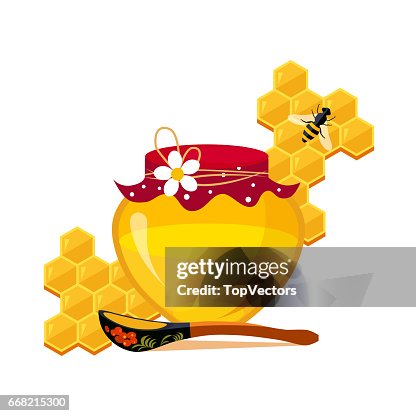 Tarro De Miel Cuchara Y Panal Con Ilustración De Dibujos Animados De Abejas Ilustración de stock - Getty Images Tarro De Miel Cuchara Y Panal Con Ilustración De Dibujos Animados De Abejas Ilustración de stock - Getty Images