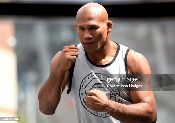 Ronaldo 'Jacare' Souza of Brazil holds an open workout for fans and media at the Kansas City Power & Light District on April 13, 2017 in Kansas City,...