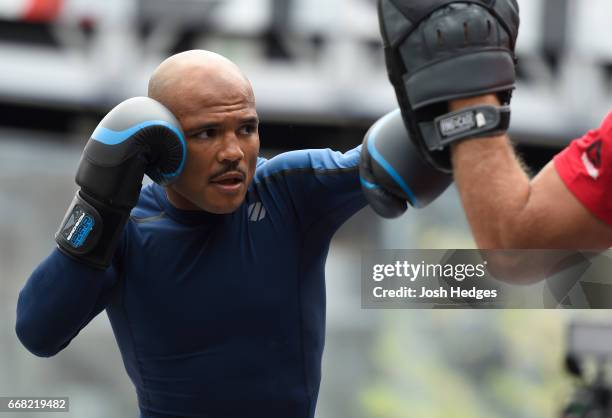 Wilson Reis of Brazil holds an open workout for fans and media at the Kansas City Power & Light District on April 13, 2017 in Kansas City, Missouri.