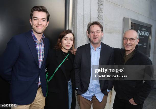 John Mulaney, Cristin Milioti, Mike Birbiglia and Seth Barrish pose at the opening night arrivals of "In & Of Itself" at The Daryl Roth Theatre on...