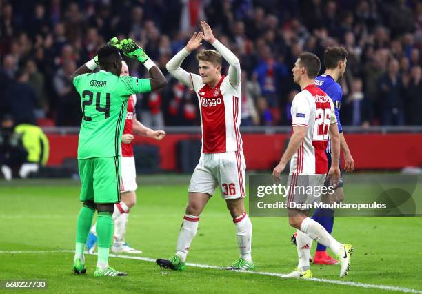 Ajax celebrate after the full time whistle in the UEFA Europa League quarter final first leg match between Ajax Amsterdam and FC Schalke 04 at...