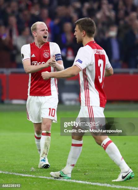 Davy Klaassen of Ajax celebrates after the full time whistle ring the UEFA Europa League quarter final first leg match between Ajax Amsterdam and FC...