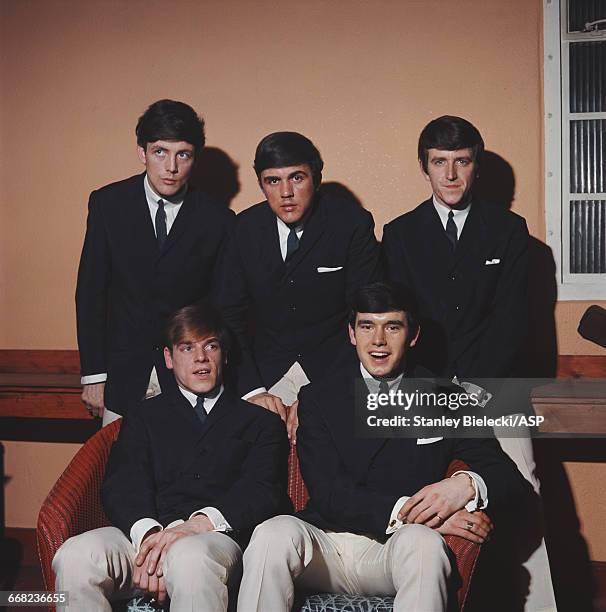 English pop rock group The Dave Clark Five, circa 1965. Standing, left to right: singer Mike Smith, drummer Dave Clark and bassist Rick Huxley....