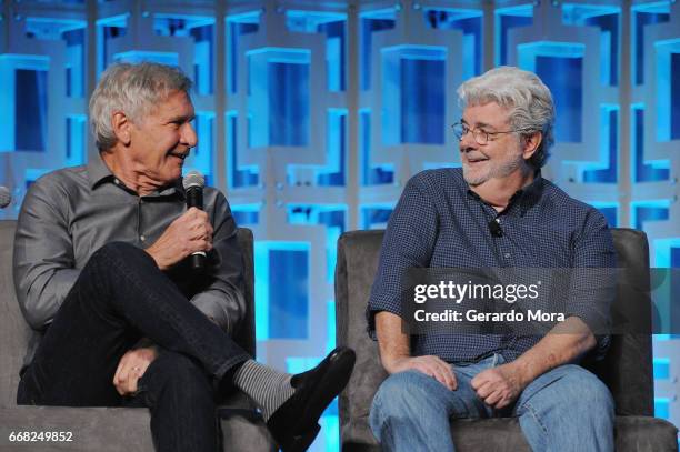 Harrison Ford and George Lucas attend the 40 Years of Star Wars panel during the 2017 Star Wars Celebrationat Orange County Convention Center on...