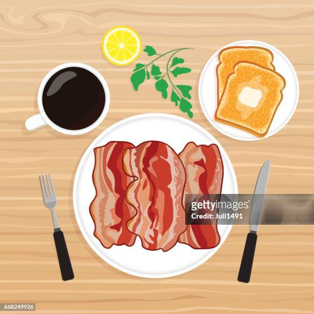 fried bacon on a plate with crispy toast - smoked stock illustrations