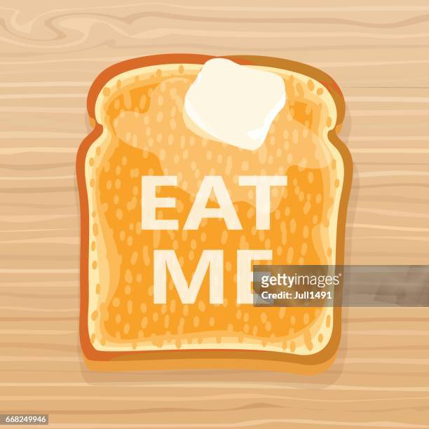 knusprig geröstetem toast mit butter mit dem text iss mich - milch von oben stock-grafiken, -clipart, -cartoons und -symbole