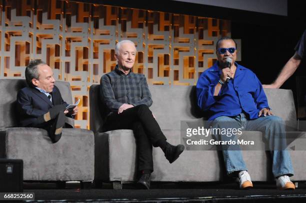 Warwick Davis, Anthony Daniels and Billy Dee Williams attend the 40 Years of Star Wars panel during the 2017 Star Wars Celebration at Orange County...