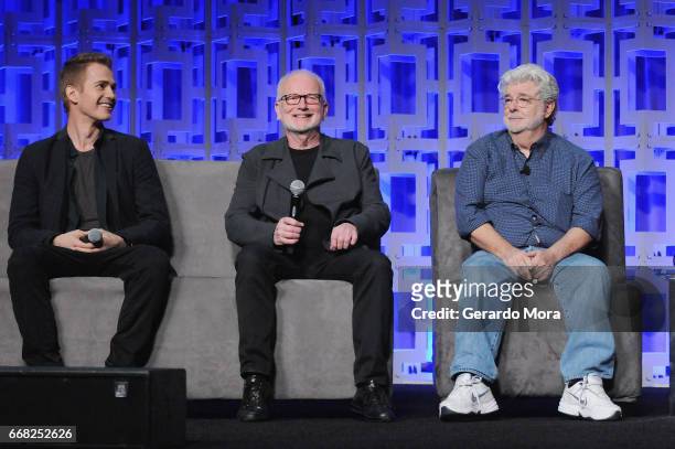 Hayden Christensen, Ian McDiarmid and George Lucas attend the 40 Years of Star Wars panel during the 2017 Star Wars Celebration at Orange County...