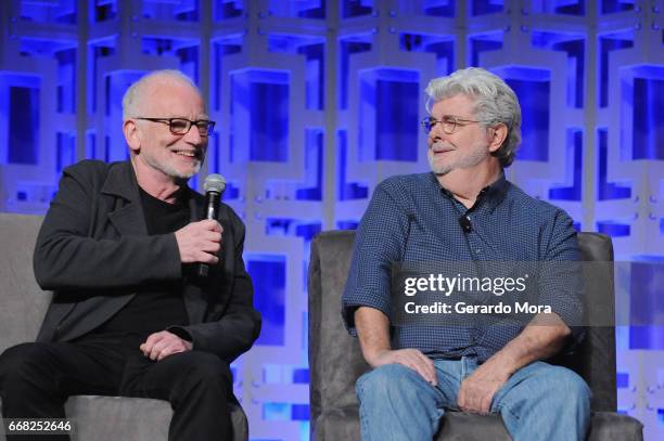 Ian McDiarmid and George Lucas attend the 40 Years of Star Wars panel during the 2017 Star Wars Celebration at Orange County Convention Center on...