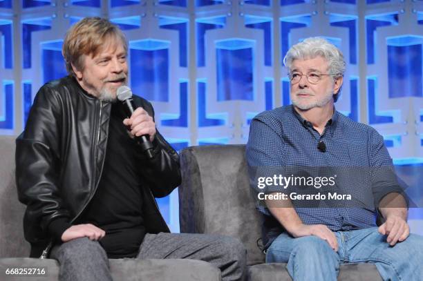 Mark Hamill and George Lucas attend the 40 Years of Star Wars panel during the 2017 Star Wars Celebration at Orange County Convention Center on April...