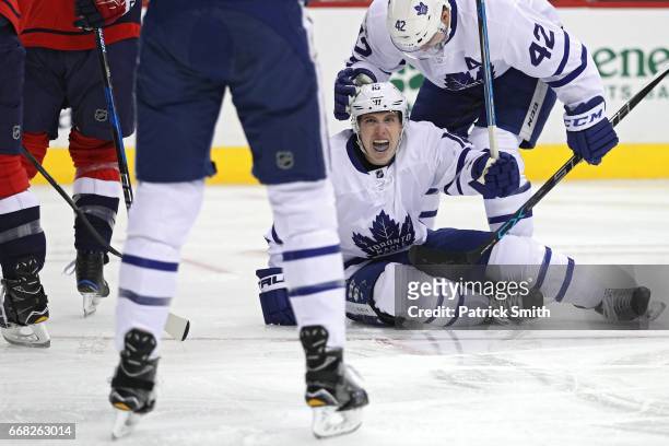 Mitchell Marner of the Toronto Maple Leafs celebrates his goal against the Washington Capitals in the first period in Game One of the Eastern...