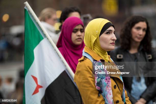 Activist Linda Sarsour looks on during a 'Women For Syria' gathering at Union Square, April 13, 2017 in New York City. The group gathered to support...