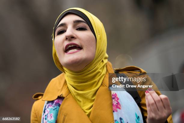 Activist Linda Sarsour speaks during a 'Women For Syria' gathering at Union Square, April 13, 2017 in New York City. The group gathered to support...
