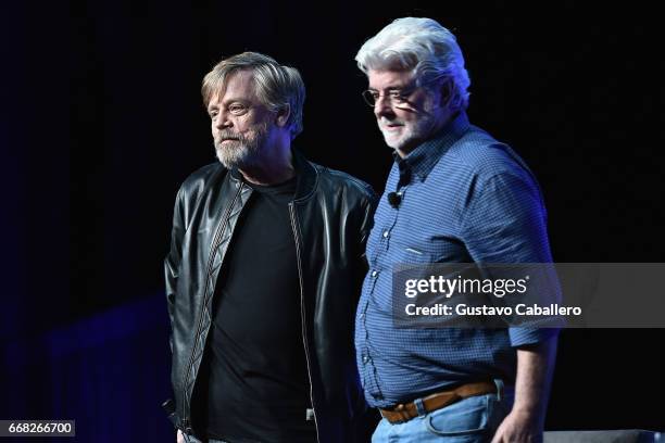 Mark Hamill and George Lucas attend the Star Wars Celebration Day 1 on April 13, 2017 in Orlando, Florida.