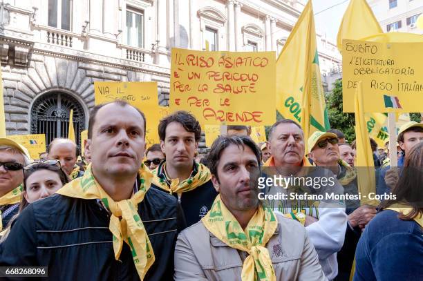 Rice growers from the Vercelli and Biellaregion demonstrate in front of the Ministry of Agriculture to protest the low prices paid to farmers but...