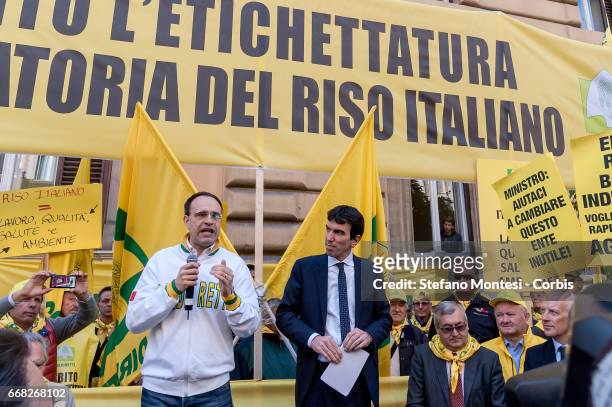 Roberto Moncalvo, President of Coldiretti and Maurizio Martina, Minister of Agriculture during the demonstration of the rice growers of Vercelli and...