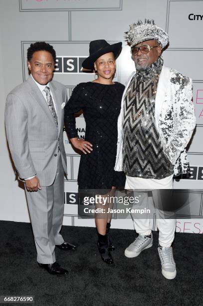 Of Creative Services James Leach, Carlon Thompson-Clinton and Singer/Songwriter George Clinton attends the 2017 SESAC Pop Awards on April 13, 2017 in...