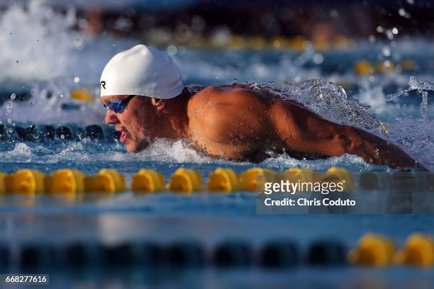 Tom Shields competes in the finals of the men's 100 meter butterfly on day one of the Arena Pro Swim Series - Mesa at Skyline Aquatic Center on April...