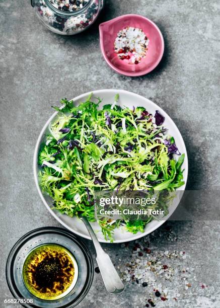 fresh green salad - vinaigrette stock pictures, royalty-free photos & images