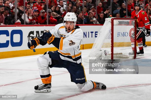 Viktor Arvidsson of the Nashville Predators reacts after scoring in the first period against the Chicago Blackhawks in Game One of the Western...